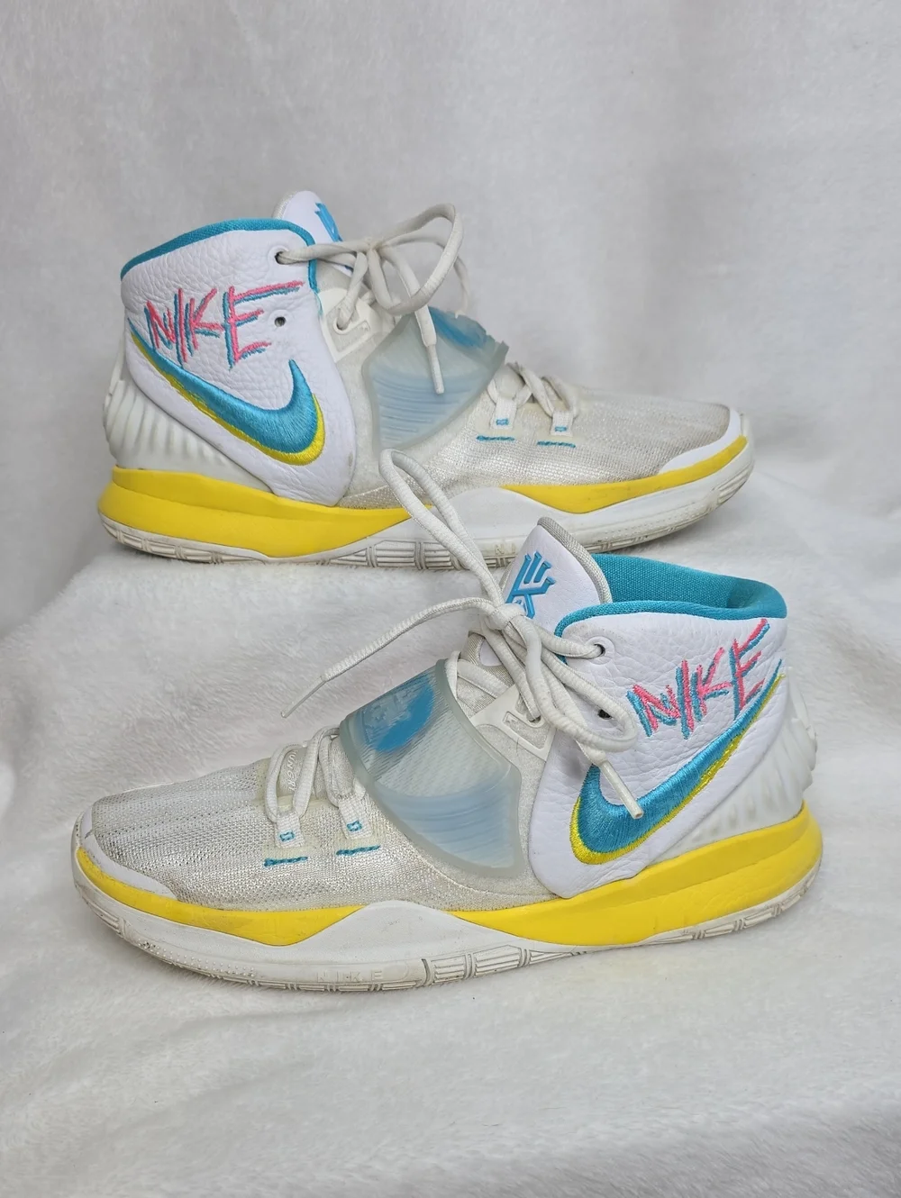 Nike Kids Kyrie 6 90 High-Top Basketball Sneakers - White/Yellow/Teal/Pink